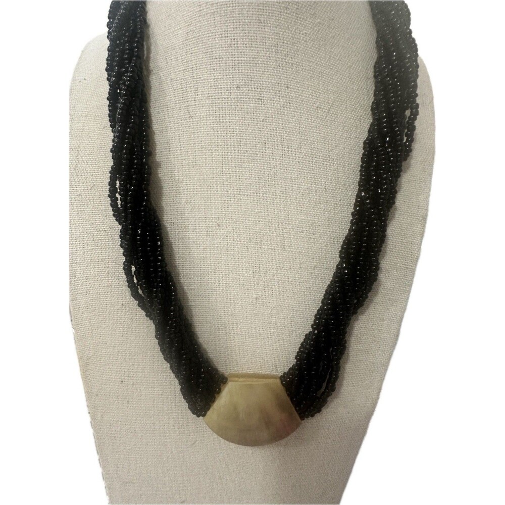 Black Seed Bead Multi Strand Necklace Statement Chunky Boho 18-23 In
